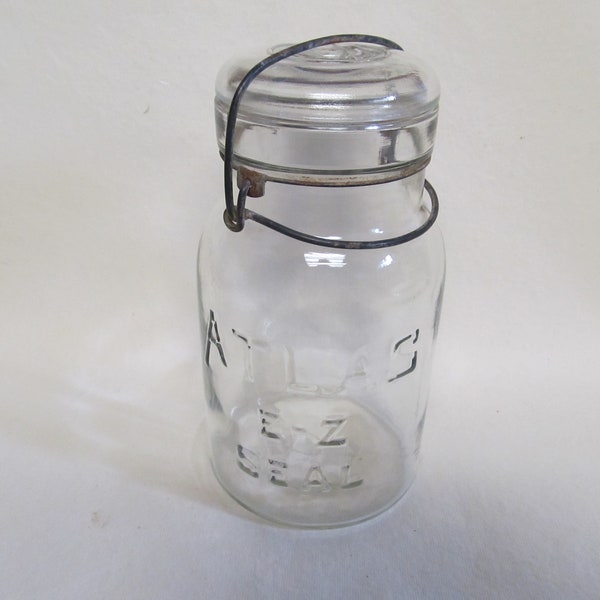 Vintage Atlas E-Z Seal One-Quart Clear Glass Canning Jar with Glass Lid and Wire Bail Clamp