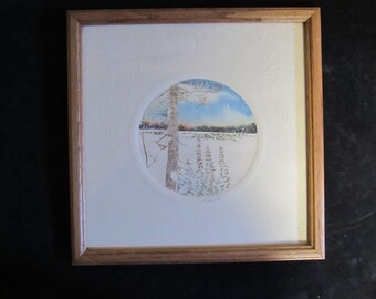 Original Framed Watercolor and Pen and Ink Winter Scene on Embossed Paper