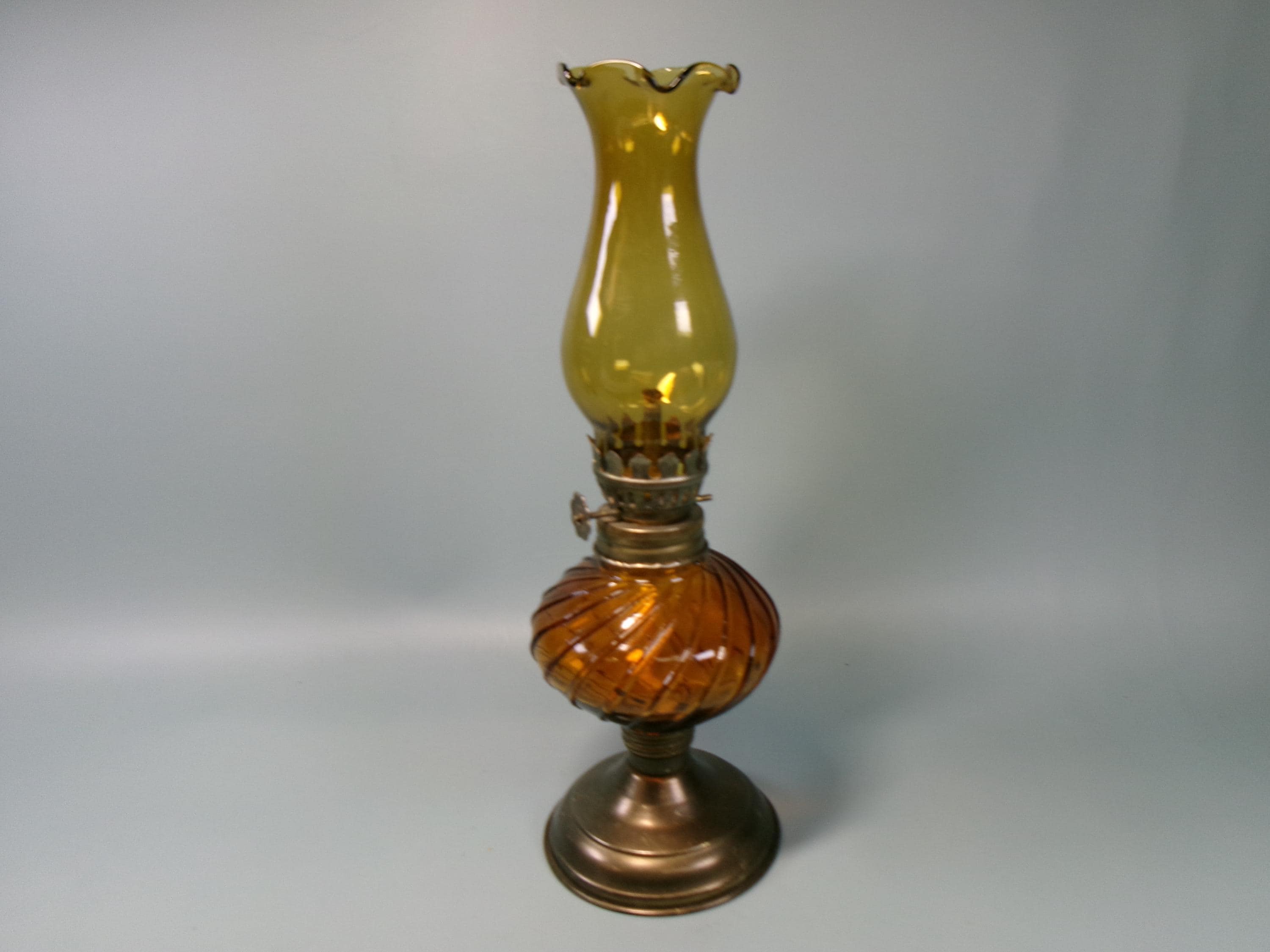Vintage Amber Glass and Metal Mini Hurricane Lamp 9.75" Tall Made in Hong Kong