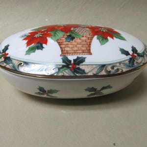 Vintage Mikasa Porcelain Trinket Dish with Poinsettia Basket and Holly Decorations