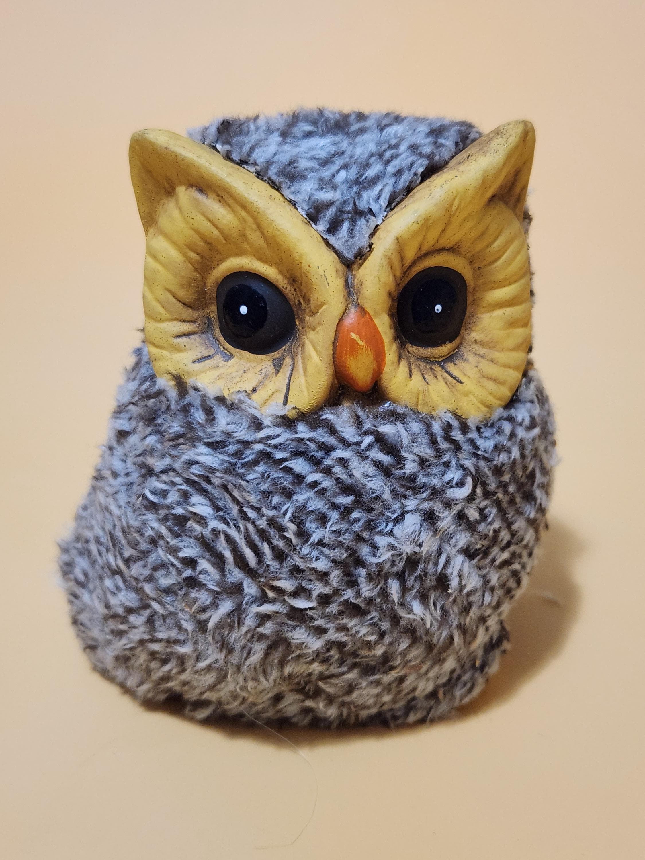 Vintage MCM Bright Yellow Owl Figurine Ceramic Covered in Soft Fabric