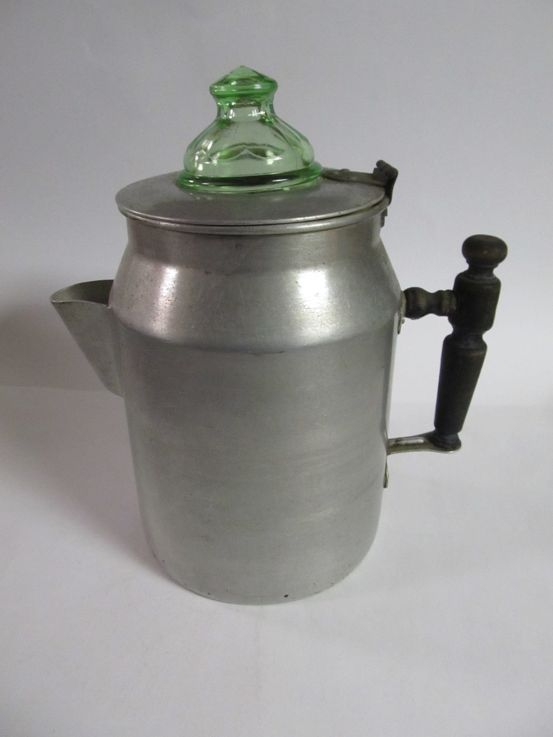 Vintage Aluminum Coffee Pot With Green Uranium Glass Etsy