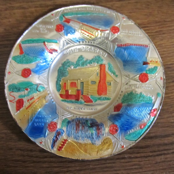 Vintage Metal Tray Stamped or Embossed and Painted Souvenir of The Ozarks and Local Attractions