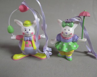 Two Vintage 1991 Avon Easter Tree Ornaments Juggling Clown Parasol Tightrope Walker