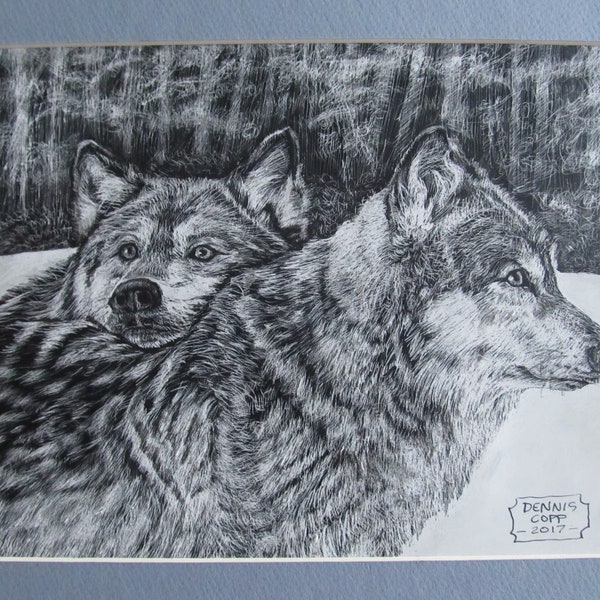 Original Scratchboard Drawing of a Pair of Wolves, Matted