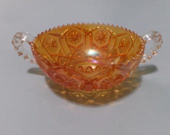 Vintage Imperial Glass Marigold Star & File Pattern Bowl with Ear Handles and Sawtooth Edge