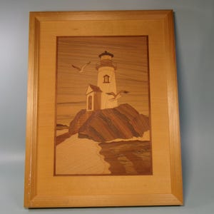 Vintage Hudson River Inlay Marquetry Picture of a Lighthouse by Jeff Nelson