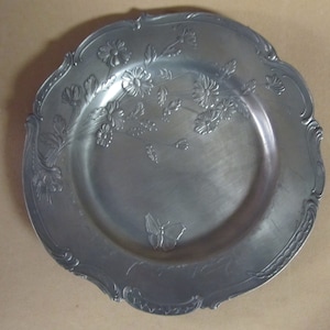 Vintage Frieling-Zinn Germany Butterfly in Relief 9.5&quot; Diameter Pewter Wall Hanging Plate