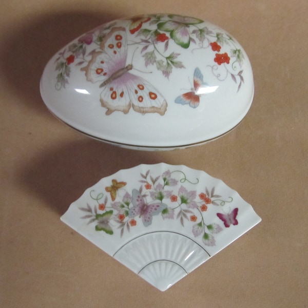 Vintage Avon Butterflies and Floral Porcelain Trinket Boxes Egg or Fan Shaped with 22K Gold Trim