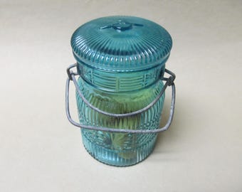 Vintage 1970s Avon Turquoise Blue Pint Canning Jar with Glass Lid and Wire Retainer