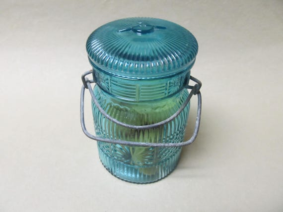 Vintage 1970s Avon Turquoise Blue Pint Canning Jar with Glass Lid and Wire Retainer