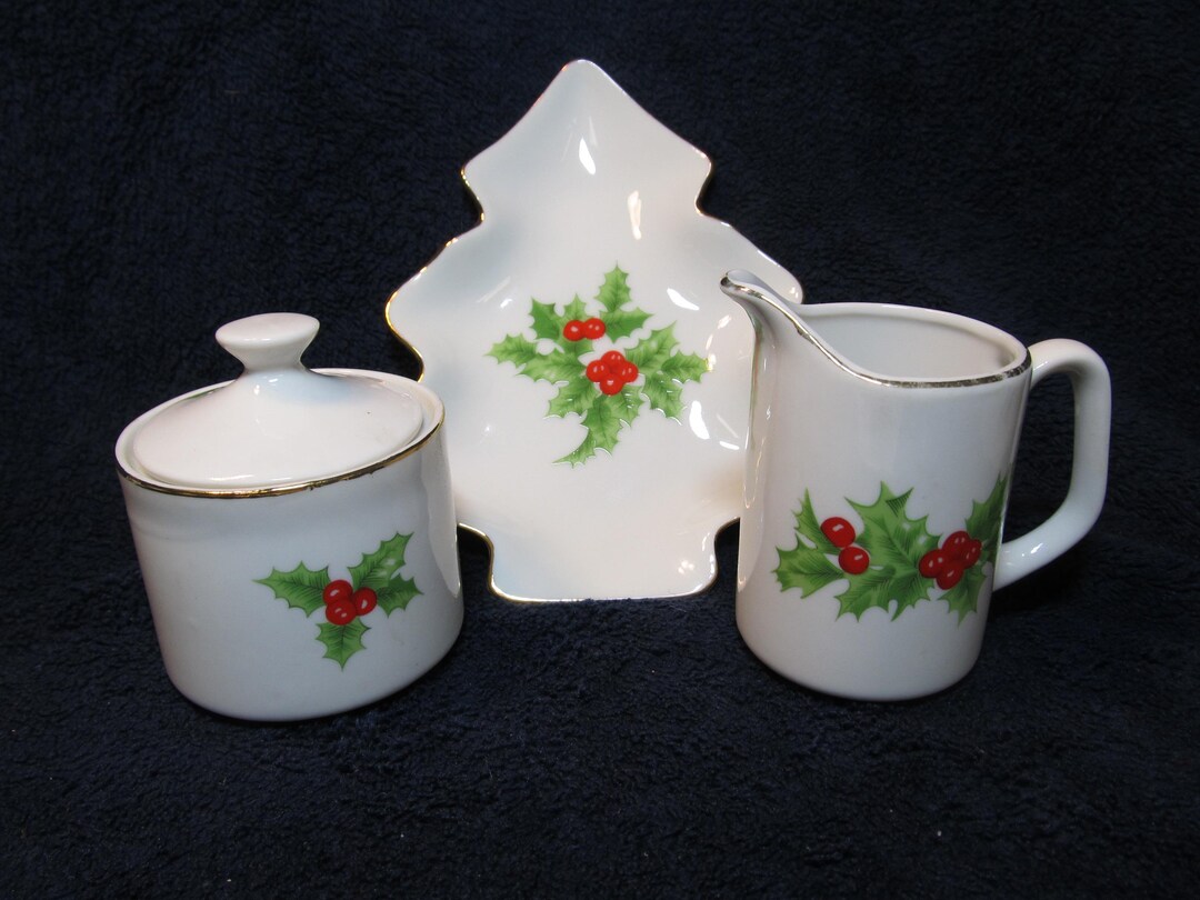 Vintage White Porcelain Sugar & Creamer Set and Tree-shaped Dish With ...