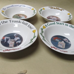 Series of Four 1996 Kellogg&#39;s Cereal Bowls with Vintage Prints