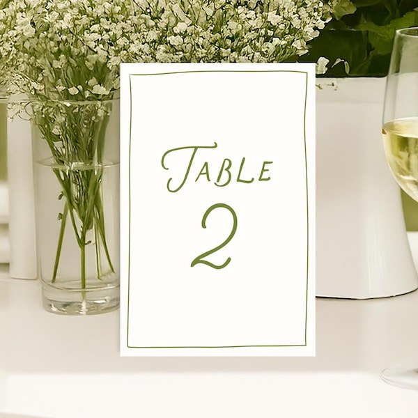 Green Whimsical Table Number Template, Table Numbers, simple Table Numbers, Handwritten table number 4x6, Instant Download Table Number