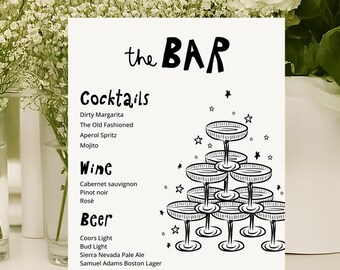 Drinks Menu Template printable, Wedding Drink Menu, Drinks simple menu bar sign, whimsical bar menu bridal sign drinks menu