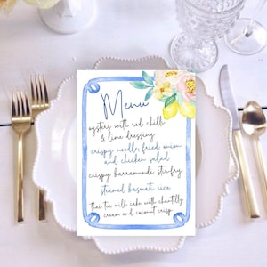Lemon blue tile Wedding Menu Template blue tile frame floral Menu Printable Mediterranean Menu Kitchen Tea Bridal Shower Amalfi et59