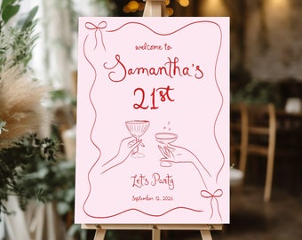 21st Welcome Sign Pink, Red and Pink Birthday sign for girl, Editable Pink Bow Welcome sign, 30th Birthday welcome sign decor, Bridal Sign