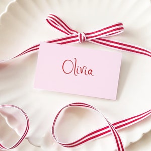 Handwritten Place Cards Template, Whimsical Place Card, Pink Place Card, Red bow Editable Table Name Card bridal shower dinner place card