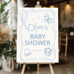 Baby Shower Welcome Sign Blue bow baby shower sign, Editable Baby Shower Party Welcome blue bow baby shower Welcome sign decor Sign for baby