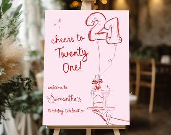 21st Welcome Sign Red and Pink Birthday sign girl, Editable Pink Bow Welcome sign, 21st Birthday welcome sign decor, cheers to twenty one