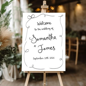 Hand Drawn Wedding Welcome Sign Template, Whimsical wedding sign Illustration Reception Sign, Modern Illustrated wedding Decor drawn bow art