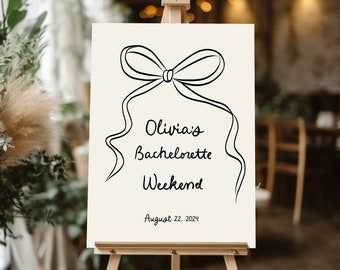 Bow Bachelorette Welcome Sign Template, Hand drawn bow Bridal shower Sign, Template For Tying Bow Knot Bachelorette Poster, Beige and black