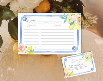 Lemon and Blue Tiles Bridal Shower Recipe Card, Citrus Recipe Request, Italy Bridal Shower Games, Editable Printable Instant Download et59