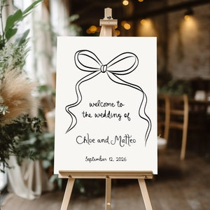 Hand Drawn Wedding Welcome Sign Template, Whimsical wedding sign Illustration Reception Sign, Modern Illustrated wedding Decor drawn bow art