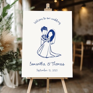 Hand Drawn Wedding Welcome Sign Template, Whimsical wedding sign Illustration Reception Sign, Modern Illustrated wedding Decor drawn bride