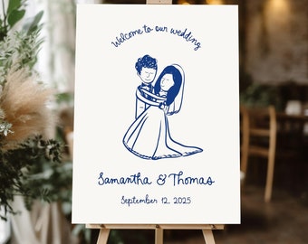 May include: A white wedding welcome sign with a blue illustration of a couple dancing. The text reads "Welcome to our wedding, Samantha & Thomas, September 12, 2025".