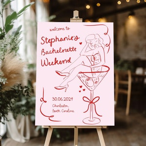 Pink Bachelorette Welcome Sign Template, Red and Pink Hand drawn Martini Bridal shower Sign, Pink Template For Cocktail Bachelorette Poster