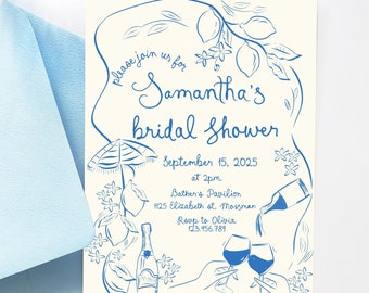 Lemon Bridal Shower Invitation Template, Illustrated Positano lemon Bridal Shower Invite, Lemon bridal brunch invitation Mediterranean Italy