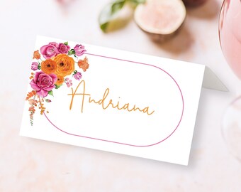 Pink Flower bridal Shower Table Place Card Template, Pink Wedding Escort Card, Pink Orange Flower name Card, Place Seating Card et100