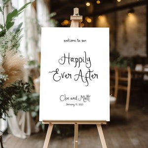 Hand Drawn Wedding Welcome Sign Template, Whimsical wedding sign ever after Reception Sign, Modern Illustrated wedding Decor drawn bow art