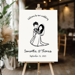 Hand Drawn Wedding Welcome Sign Template, Whimsical wedding sign Illustration Reception Sign, Modern Illustrated wedding Decor drawn bride