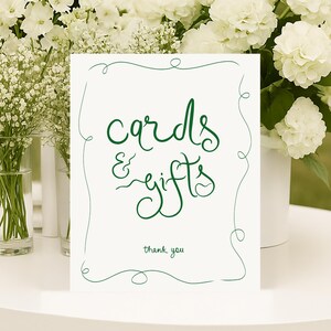 Green Whimsical Cards and Gifts Sign Printable, Scribble whimsical Gift Table Sign, Modern hand drawn Cards and Gifts Sign Template