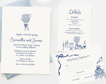Wedding Invitation template with RSVP, Handwritten Wedding Invite Suite, Whimsical wedding Invite, Hand drawn floral Invite wedding Template