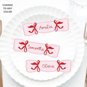Pink Christmas Place Cards Template, Christmas Whimsical PlaceCard, Bow Cracker Place Card, Bow Editable Table, Fancy Christmas placecard