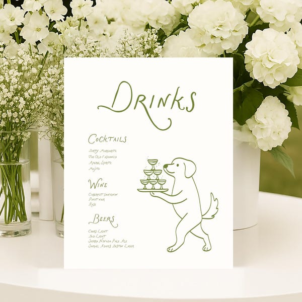 Green Drinks Menu Template printable, Wedding Bar Menu, Drawn Drinks wedding menu drawn, whimsical drinks dog waiter bar sign engagement