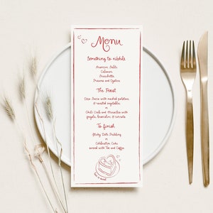 Whimsical Wedding Menu Template printable, Hand drawn fun wedding party menu, Modern wedding menu red menu, Trendy menu printable