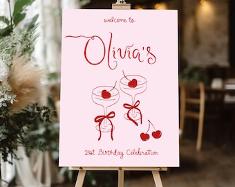 21st Welcome Sign Pink Red and Pink Birthday sign for girl, Editable Pink Bow Welcome sign, 30th Birthday welcome sign decor Cherry Birthday