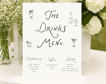 Drink Bar Menu Template printable, Hand drawn line art illustrated bar menu, Wedding menu  Editable scribble menu whimsical doodle menu