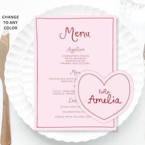 Pink heart Place Cards and menu Template, Whimsical PlaceCard heart Place Card with menu, Editable Table menu, Fancy Bridal shower placecard