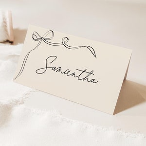 Handwritten Place Cards Template, Whimsical Place Card, Pink Place Card, beige bow Editable Table Name Card bridal shower dinner place card
