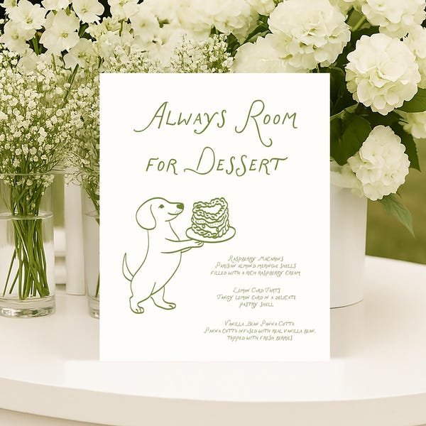 Dessert table sign, wedding dessert bar Menu Template printable, Wedding bridal Bar Menu, Dog wedding cake menu Love At First Bite Dachshund