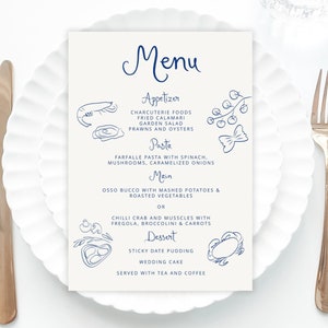 Whimsical Wedding Menu Template printable, Hand drawn line art illustrated wedding party food menu, Modern wedding menu scribble menu icons
