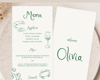 Peut inclure: Menu de deux pages avec une police manuscrite verte. La page de gauche énumère les entrées, les plats principaux et les desserts. La page de droite dit "Bienvenue" et le nom "Olivia". Le menu comprend des illustrations de nourriture et un verre à vin.