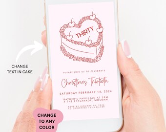 Illustrated 30th Birthday Invitation Template: Heart Cake (Digital Download)