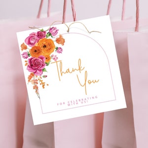 Thank You Tag Template, Instant Download Printable Editable Tag, Pink and Orange Flower Roses, Bridal Shower, Baby Shower, Birthday et100