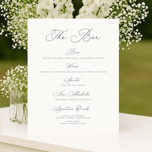 The Bar Drinks Menu Template printable, Wedding bridal Bar Menu, Drinks wedding menu, classic wedding menu Signature Cocktails & Drinks menu
